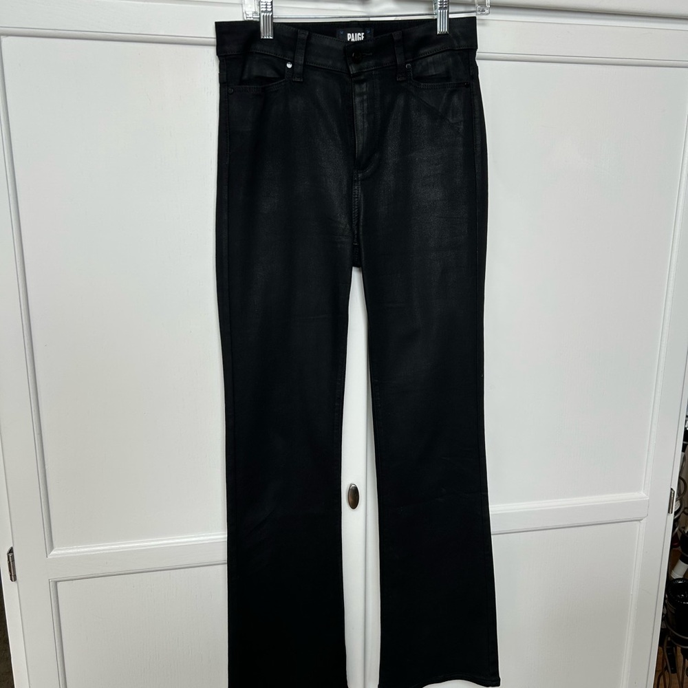 PAIGE High Rise Manhattan Black Flare Luxe Coated.  Inseam 32”,  btm width 18”.